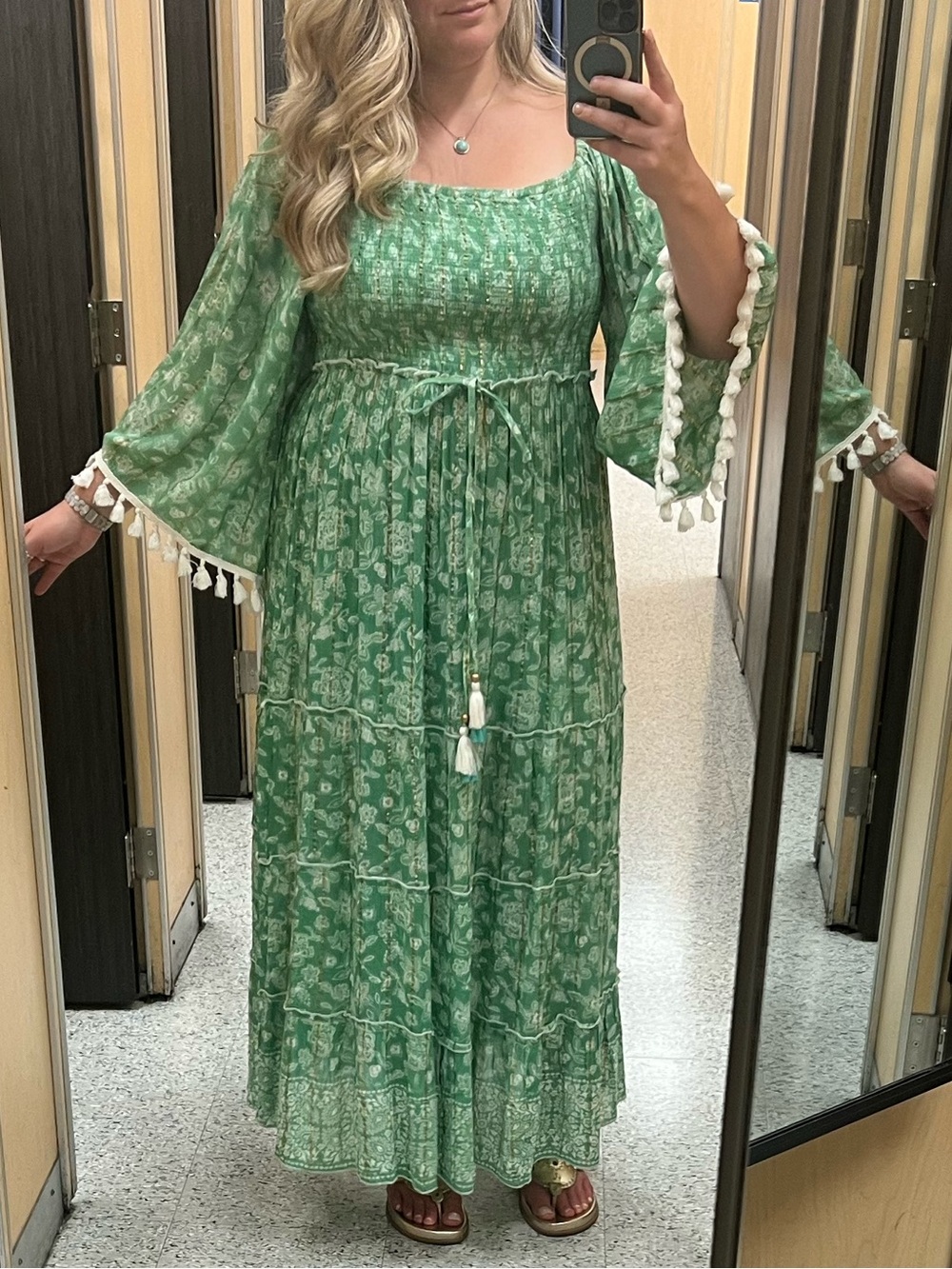 Anthropologie Me 2 Magic Green Floral Maxi Dress with Tassel Trim